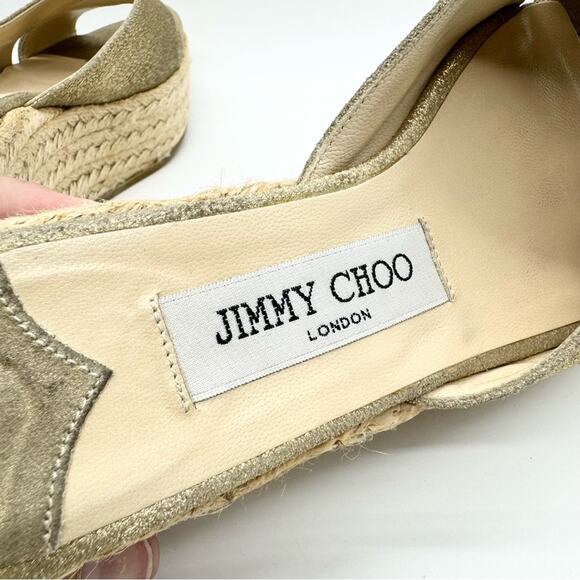 Jimmy Choo Paisley Crisscross Espadrille Wedge Sandals in Gold Shimmer Size 37 - Picture 9 of 11